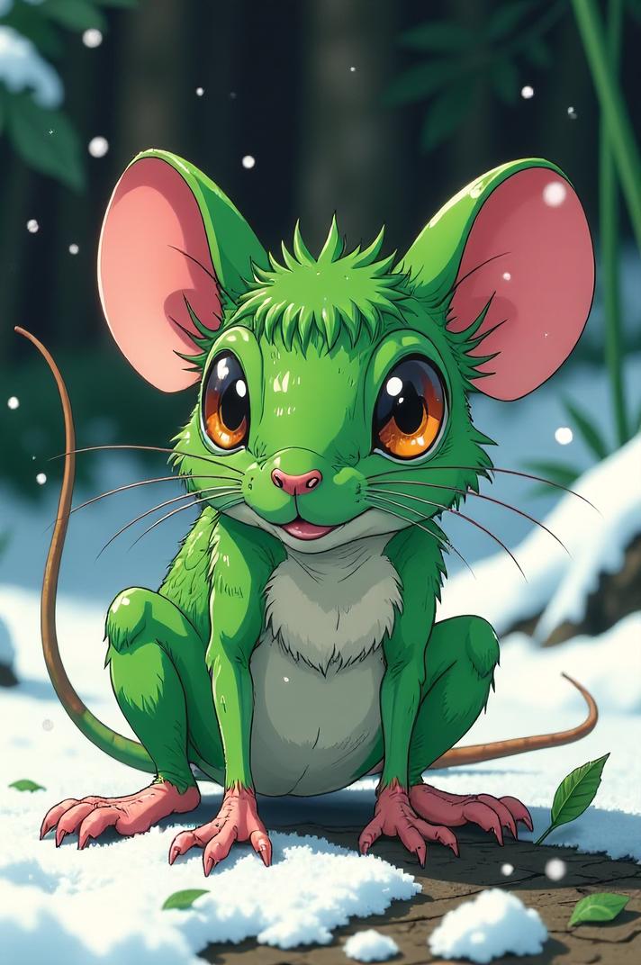 Anime style s Grasshopper Mouse from Jurassic Park universe, Over Left Eye lawn green hair, winter, ground level shot
