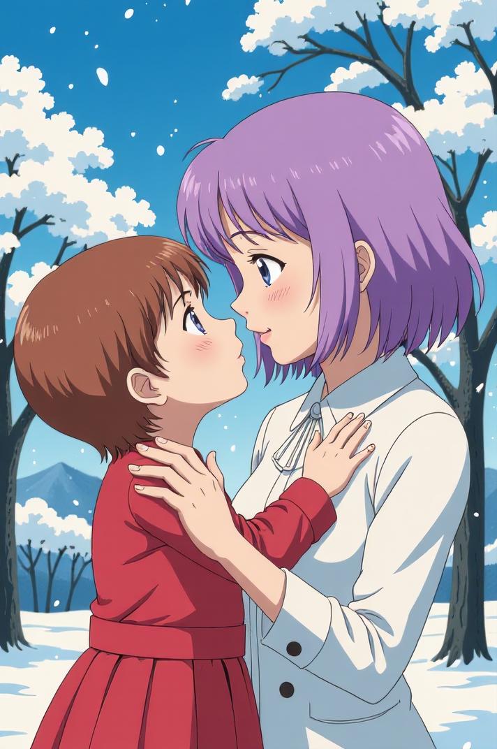 anime style masterpiece,best quality , Flat Top lilac hair, winter