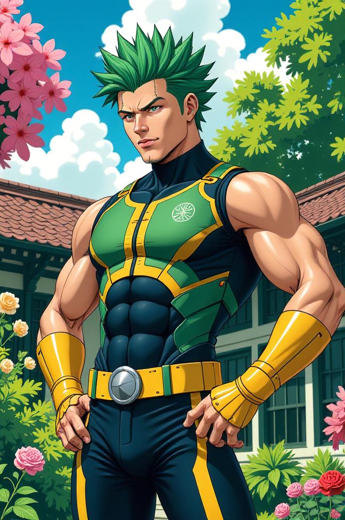asian anime style marvel Machine Man masterpiece,best quality , asian anime, Mohawk Flat spring green hair