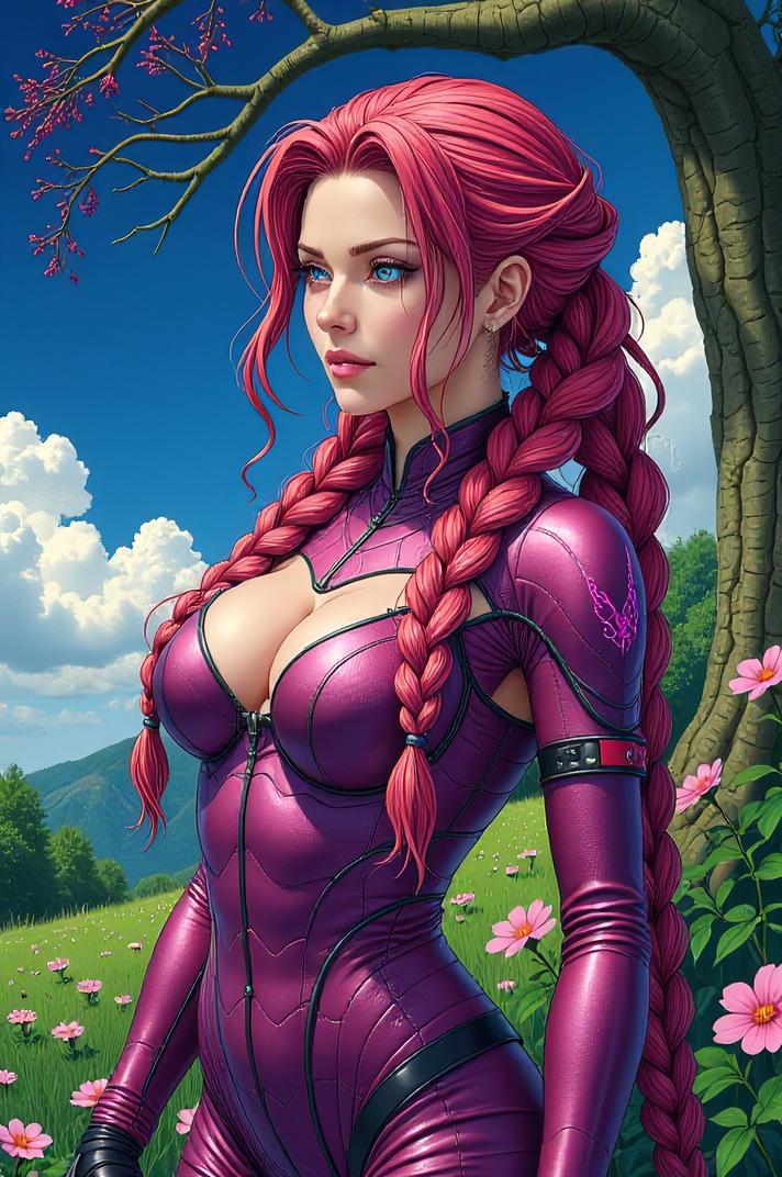 Anime style s Rhino Viper from Mass Effect universe, Long Braids amaranth hair, spring, high angle shot
