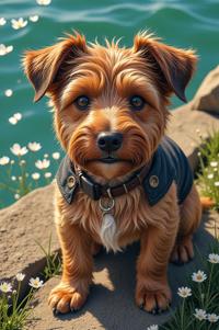 Anime style s Welsh Terrier from Pirates of the Caribbean universe, Grungey thistle hair, spring, aerial view shot