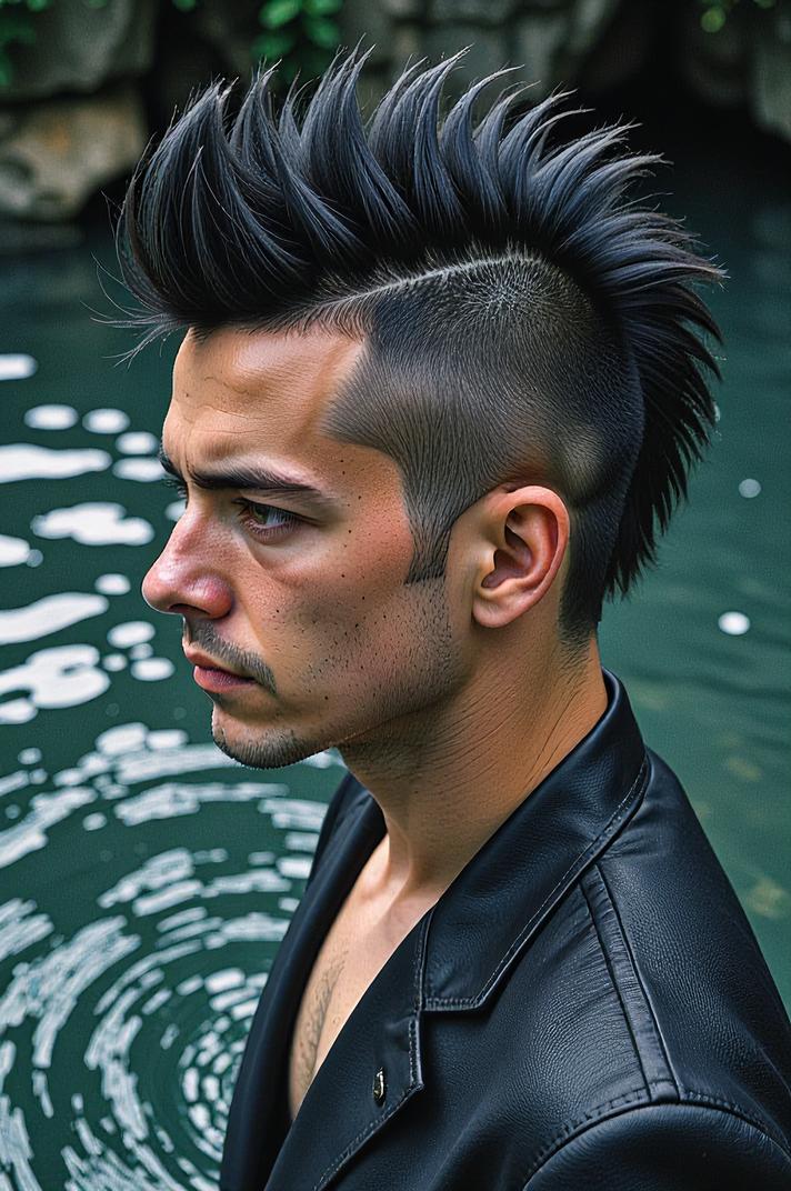 Anime style s Sturgeon from Man in black universe, Mohawk Fan charcoal hair, summer, high angle shot