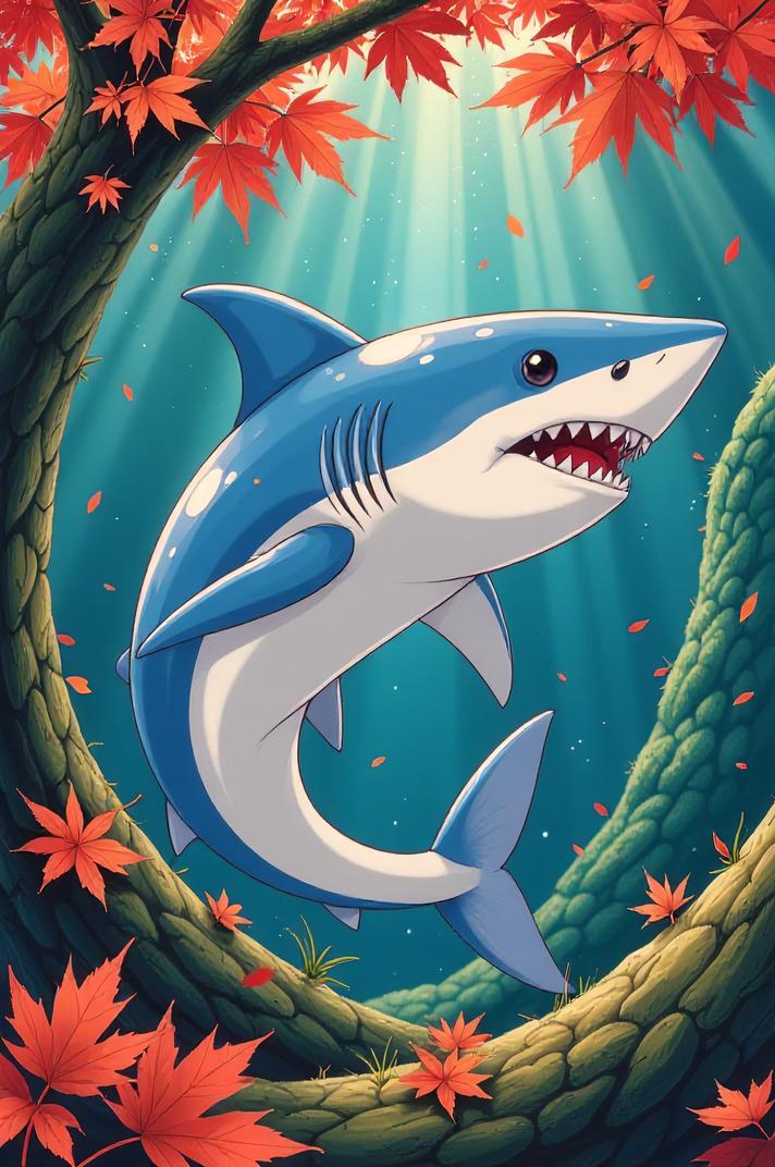 Anime style s Rainbow Shark from Alice s Adventures in Wonderland universe, Center Parting azure hair, autumn, knee level shot