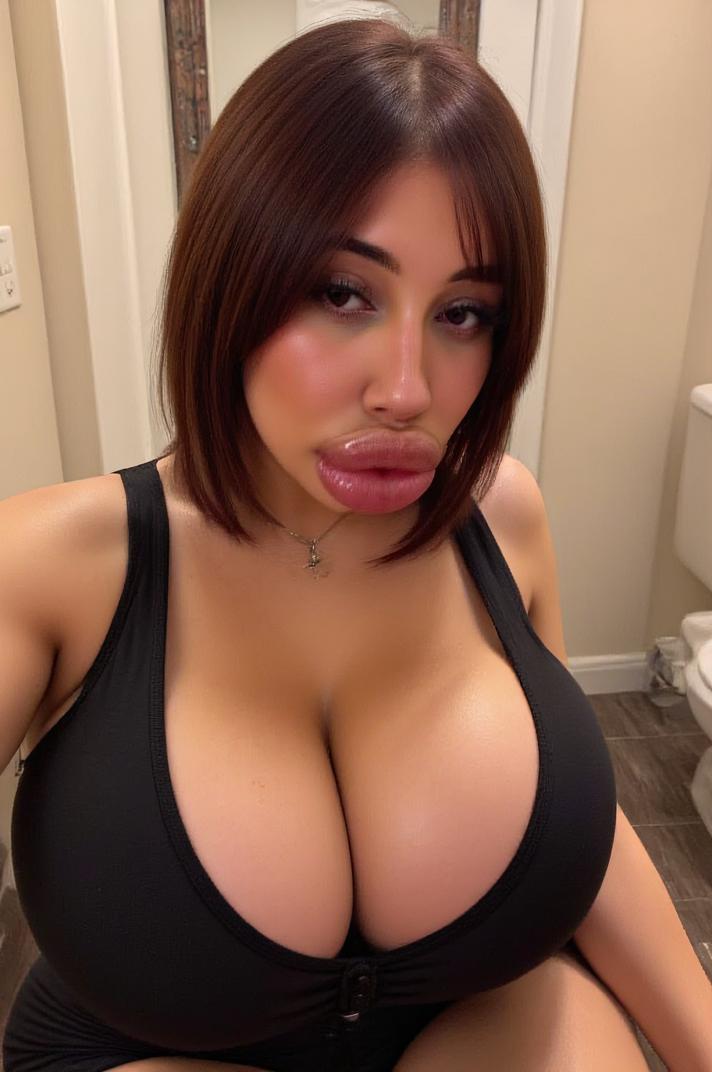 Amateur photo Girl with huge lips and huge breasts delight selfie sitting on toilet in sexy dress night shooting, No flash was used, keeping the shadows soft and the overall mood calm and casual, on flickr in