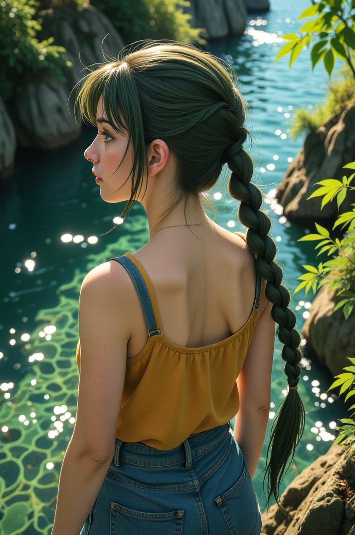 Anime style s Pictus Catfish from Jurassic Park universe, Pony Tail Braids olive hair, autumn, high angle shot