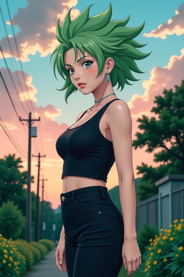 anime style masterpiece,best quality , Mohawk Fan lime green hair, spring