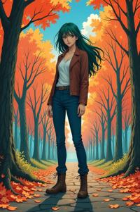 Anime style s Meiolania from Band of Brothers universe, Grungey Long malachite hair, autumn, ground level shot