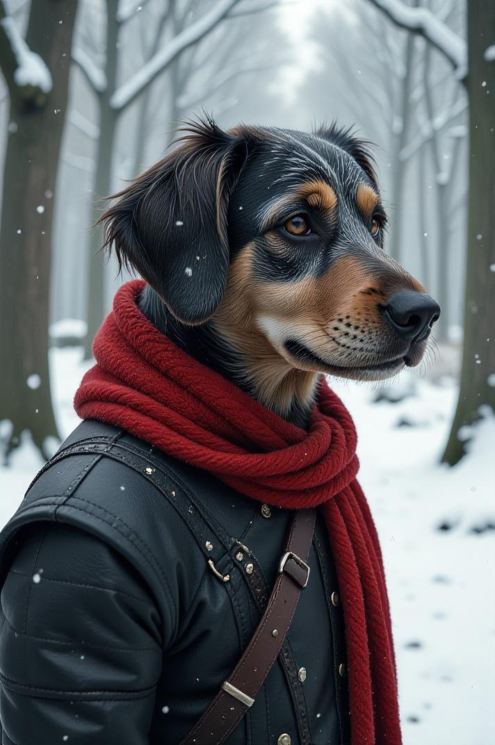 Anime style s German Wirehaired Pointer from Game of Thrones universe, Bob ecru hair, winter, looking away shot
