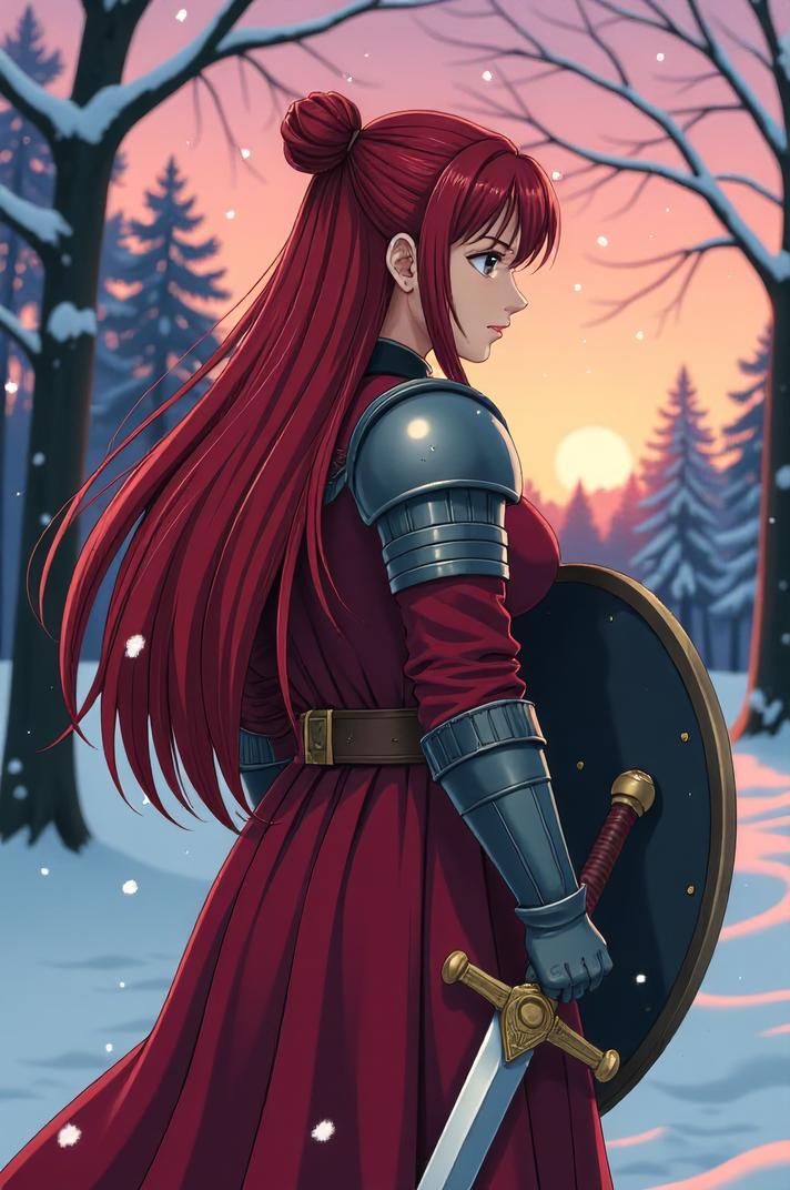anime style masterpiece,best quality , Grungey Long scarlet hair, winter