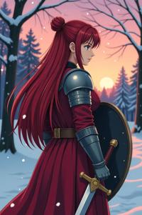 anime style masterpiece,best quality , Grungey Long scarlet hair, winter