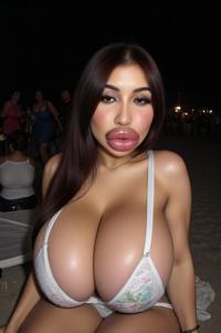 Amateur photo Fat hairy Girl with huge lips and huge breasts delight selfie sitting on the beach in sexy bikini night shooting, No flash was used, keeping the shadows soft and the overall mood calm and casual, on flickr in
