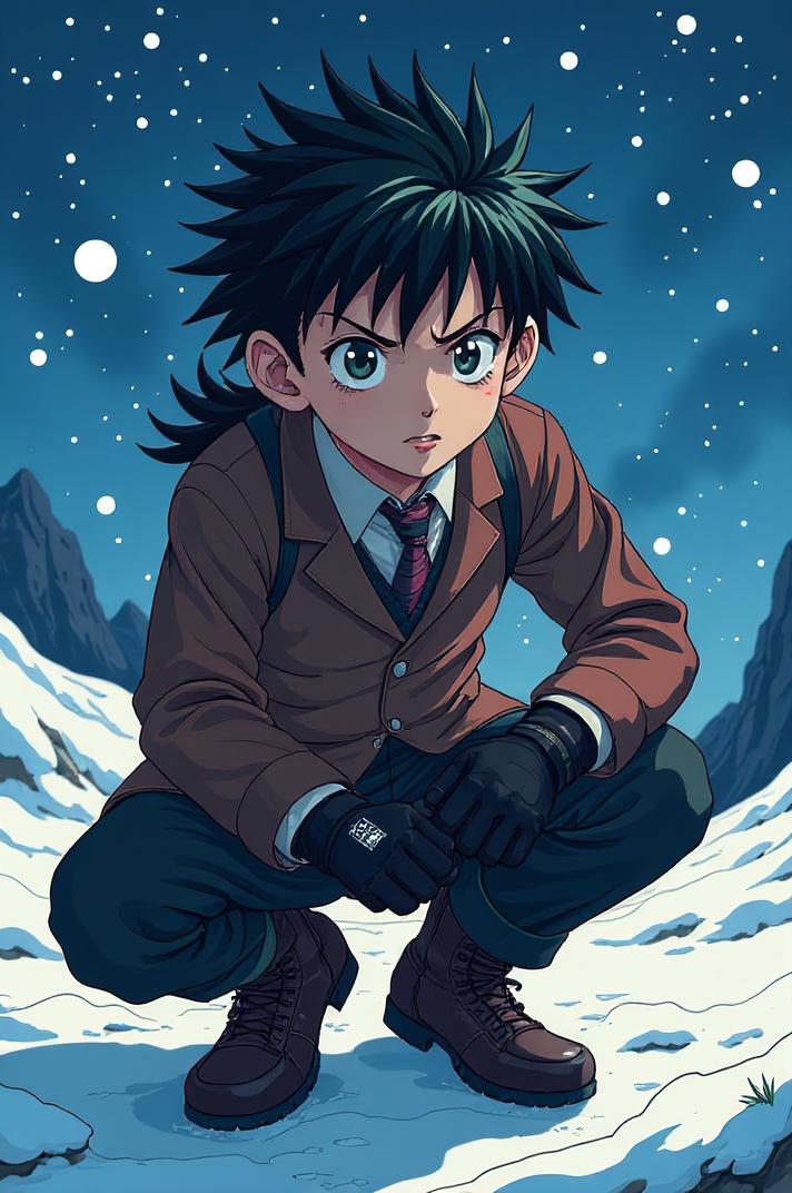 Anime style s Triggerfish from Band of Brothers universe, Spikes pear hair, winter, knee level shot