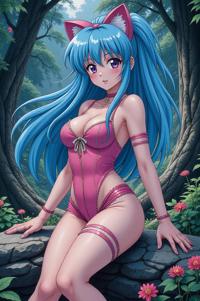 Anime style s Blue Catfish from Doom universe, Center Parting misty rose hair, spring, knee level shot