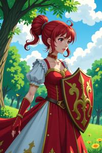 anime style masterpiece,best quality , Bun carmine hair, summer