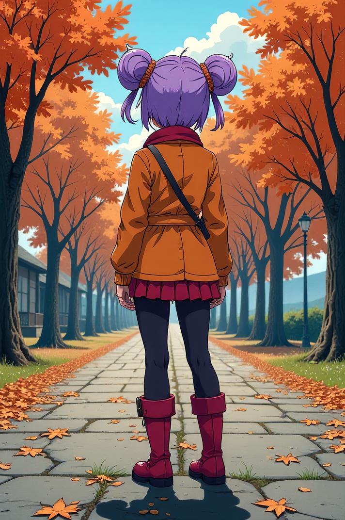 Anime style s Boskimo from Fallout universe, Rachel lilac hair, autumn, Front side back three views shot