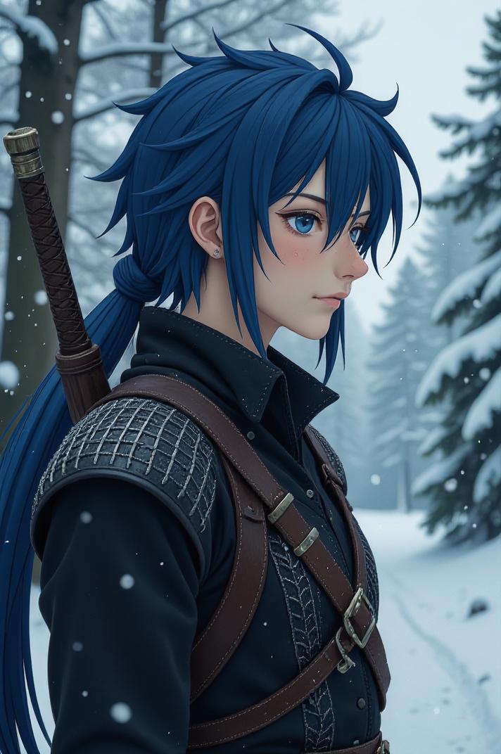 Anime style s Australian Mist from The Witcher universe, Center Parting cobalt hair, winter, looking away shot