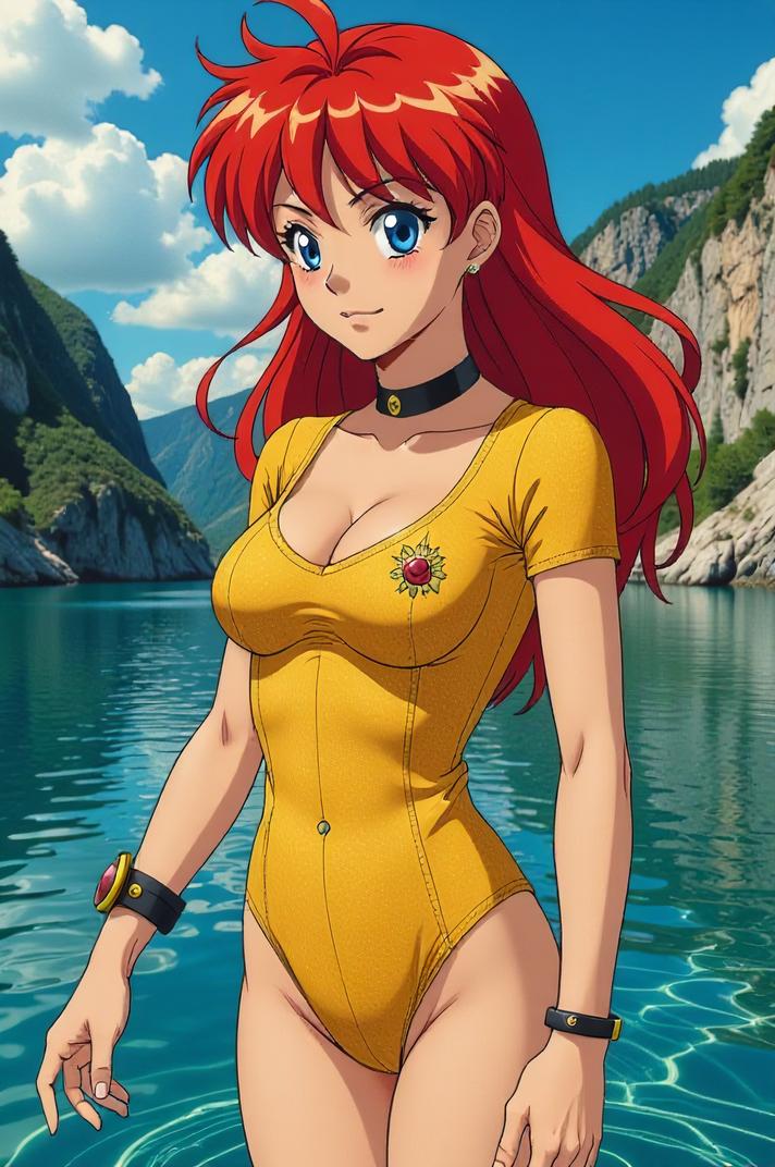Anime style s Perch Fish from Star Trek universe, Over Eye red hair, summer, full body shot