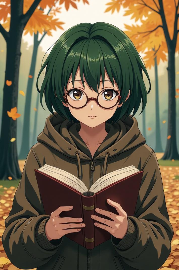 anime style masterpiece,best quality , Bald camouflage green hair, autumn