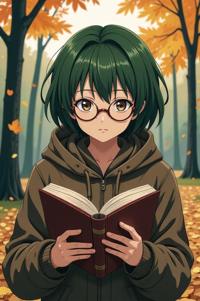 anime style masterpiece,best quality , Bald camouflage green hair, autumn
