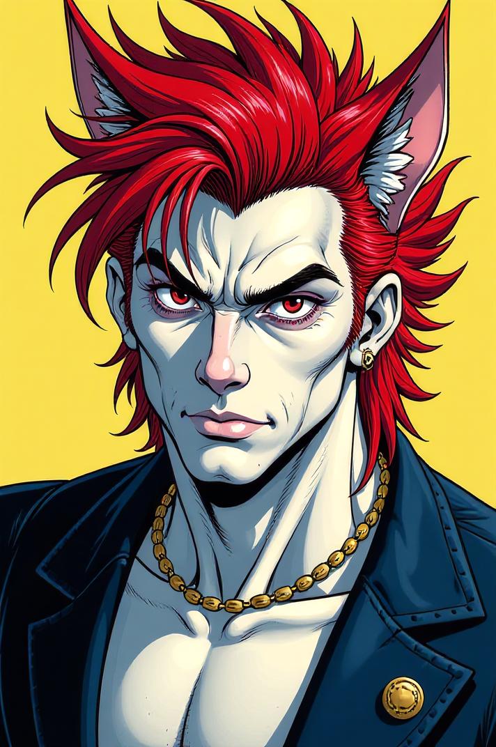 Anime style s Great Dane from DC Comics universe, Spikes vermilion hair, spring, expressions shot