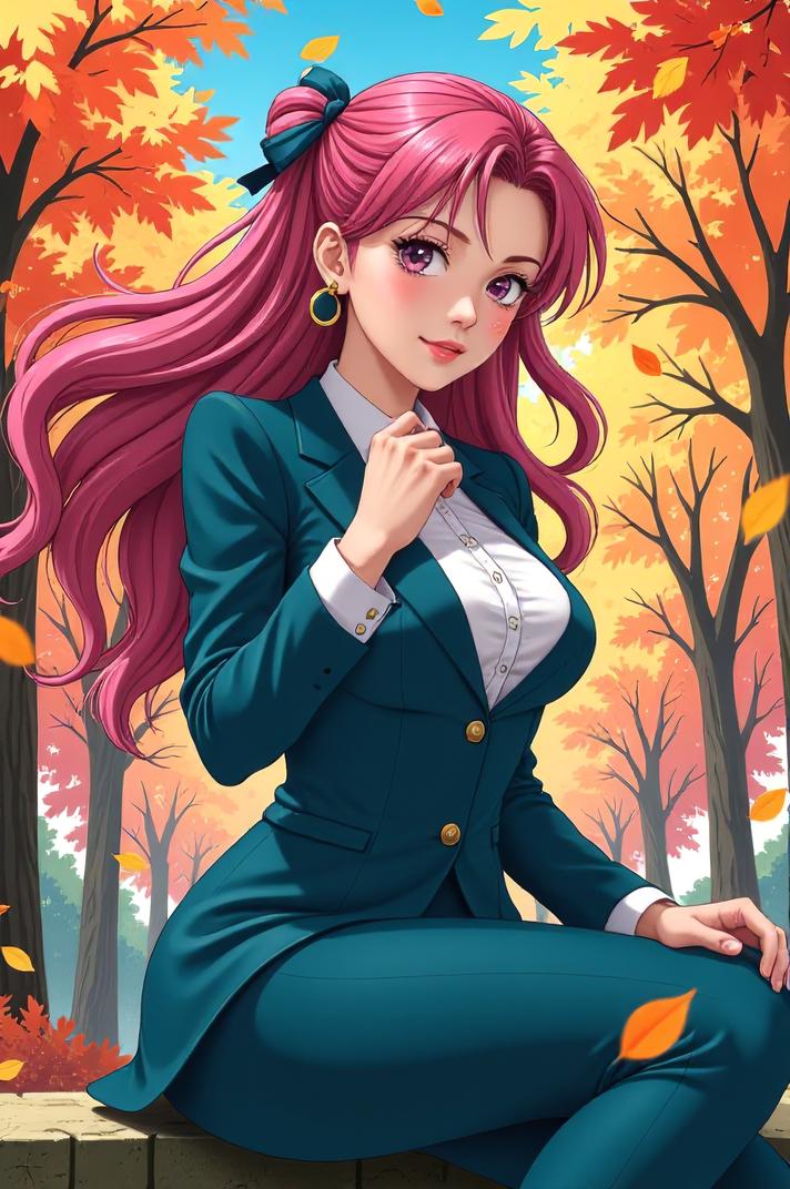 anime style masterpiece,best quality , Center Parting pink hair, autumn