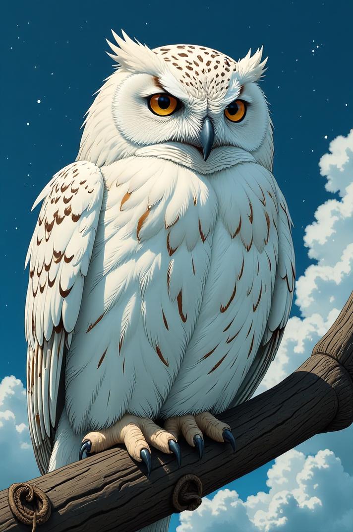 Anime style s Snowy Owl from Pirates of the Caribbean universe, Bob alizarin hair, summer, from below shot