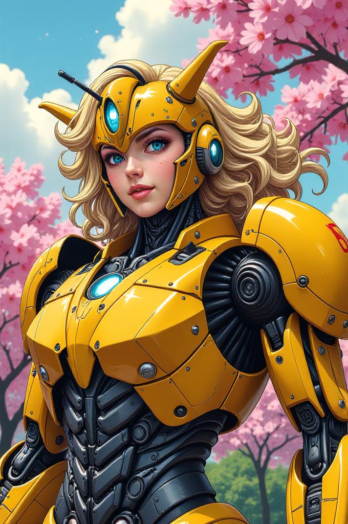 Anime style s Bumblebee from Terminator universe, Lob Curly champagne hair, spring, looking away shot