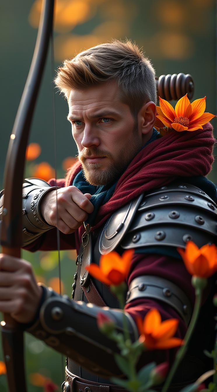 traditional Norse Male, First Lieutenant, wearing autumn armor of Victory, archer pose