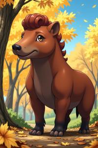 Anime style s Tapir from Mass Effect universe, Top Curls russet hair, autumn, low angle shot