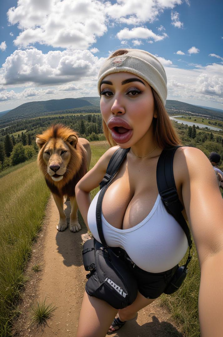 Selfie, fisheye lens, photorealistic girl traveller screaming and running in the background, angry lion