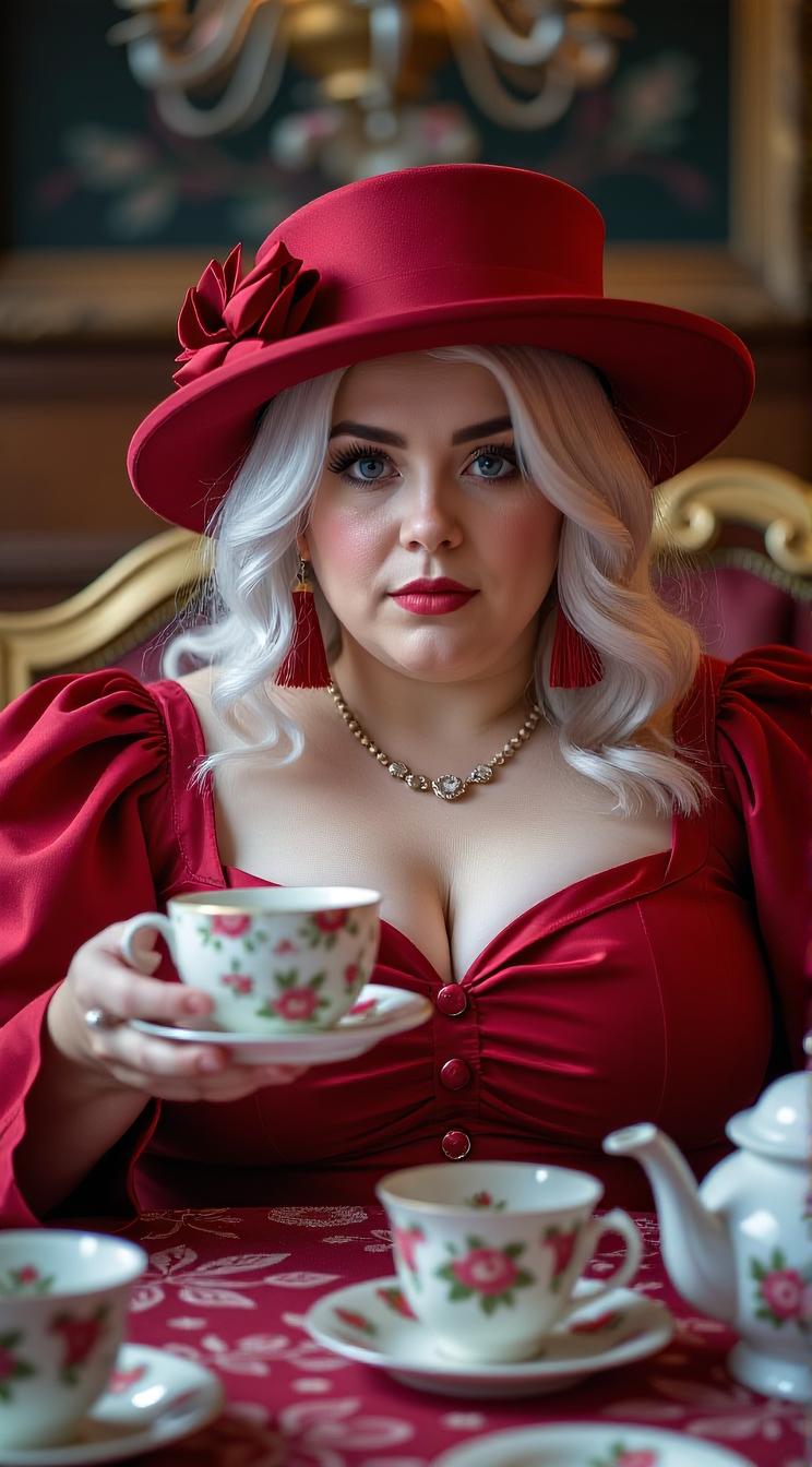 photograph, plump Woman having a tea party, she is beautiful, wearing deep red headwear and dark pastel headwear