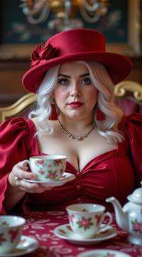 photograph, plump Woman having a tea party, she is beautiful, wearing deep red headwear and dark pastel headwear