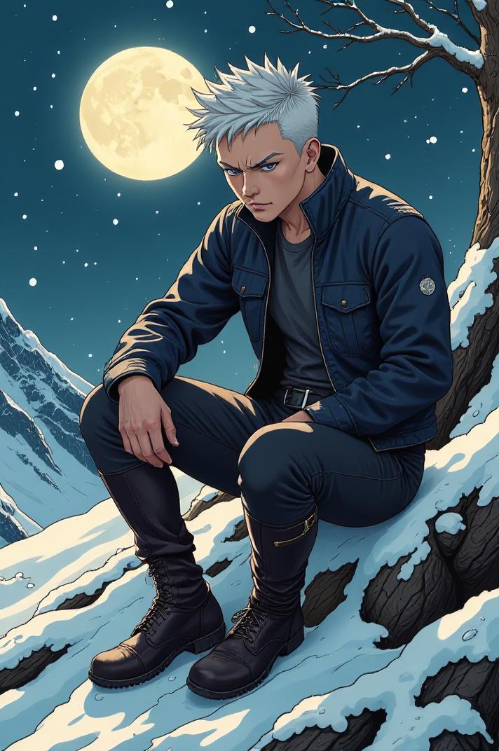 Anime style s Birman from The Dark Tower universe, Buzz Cut grey hair, winter, knee level shot