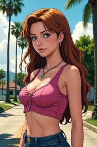 Anime style s Black Tailed Rattlesnake from GTA universe, Long Center Parting russet hair, summer, looking away shot