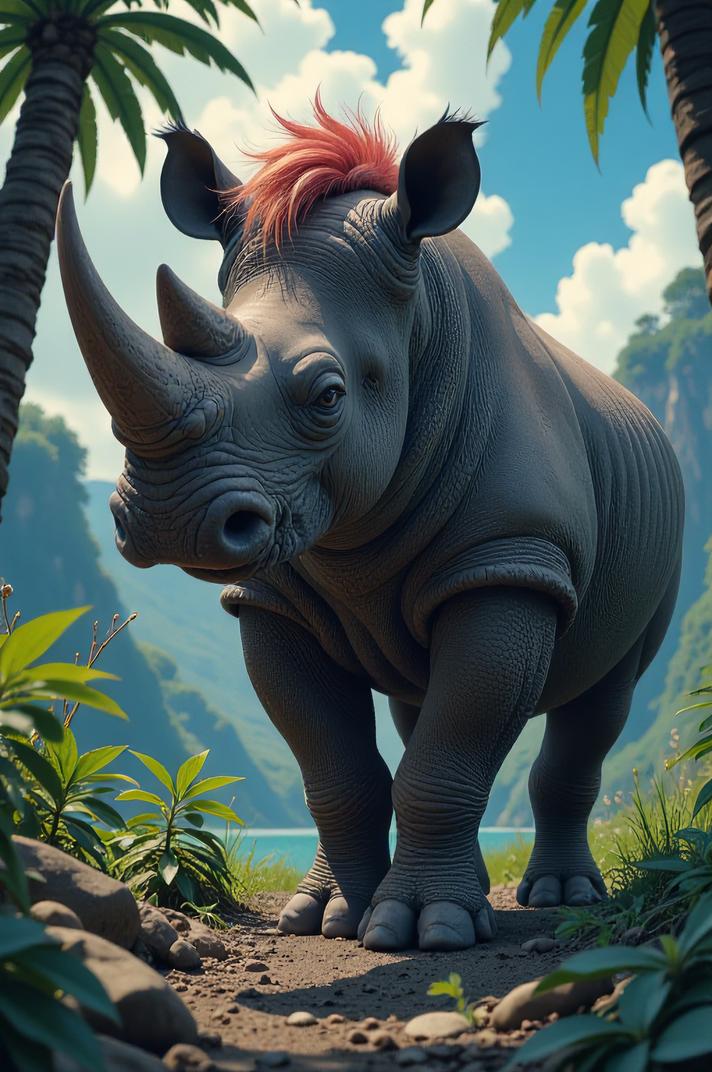 Anime style s Black Rhinoceros from Pirates of the Caribbean universe, Grungey peach hair, spring, hip level shot