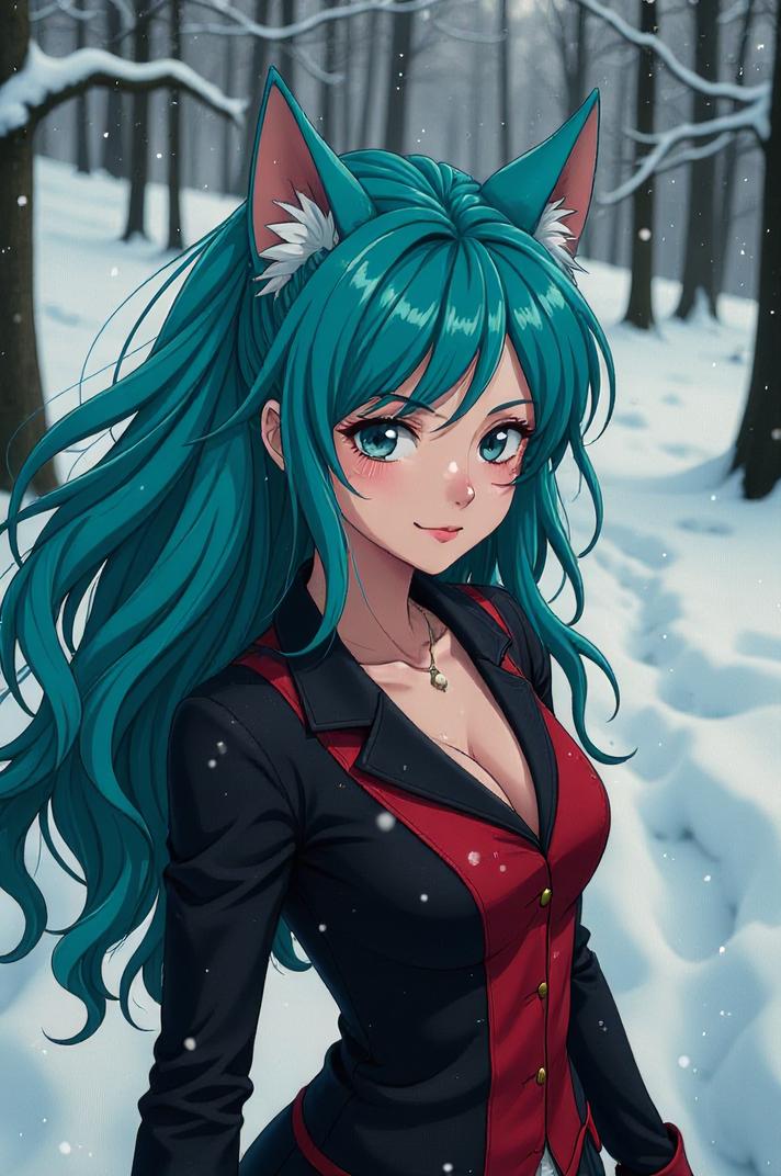 Anime style s Basenji Mix from The Dark Tower universe, Rachel Curly cyan hair, winter, aerial view shot