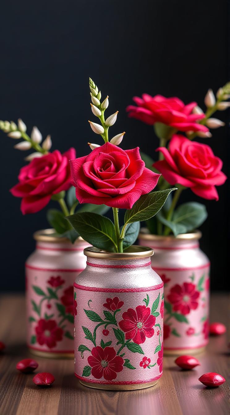 Shimmering Pots with flowers Ford made out of Brocade and Ruby Embroidery, adobe lightroom, beautiful detailed, sublime