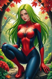 asian anime style marvel Spider Woman masterpiece,best quality , asian anime, Grungey Long lime green hair