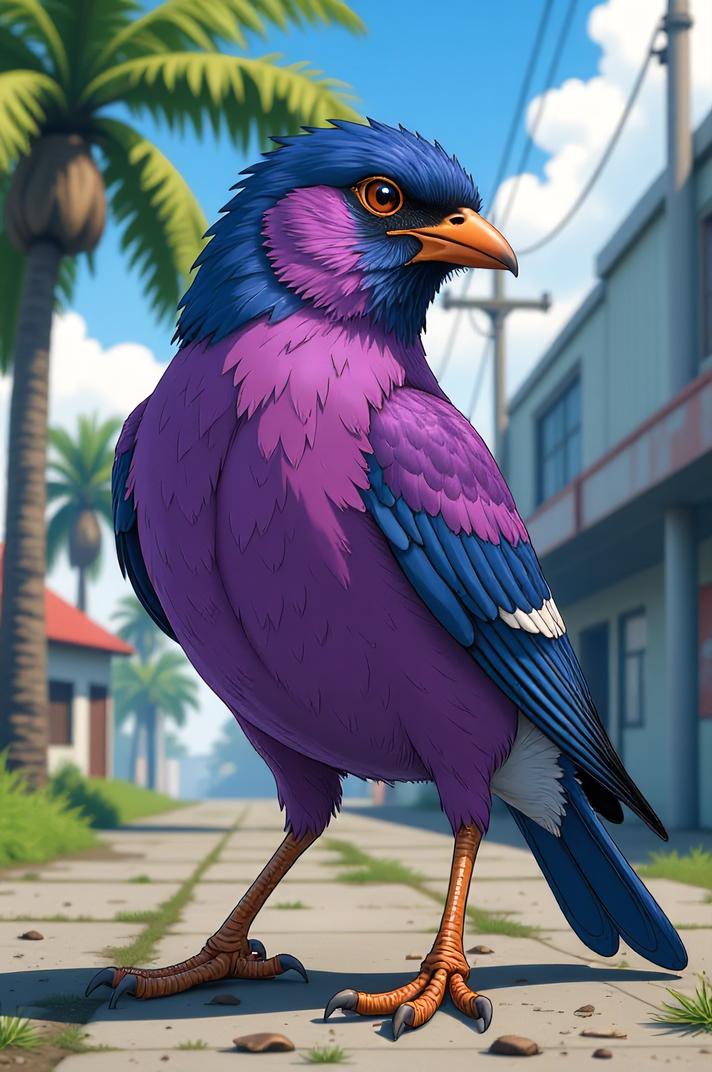 Anime style s Purple Finch from GTA universe, Grungey Parted navy blue hair, spring, ground level shot