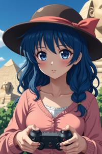 anime style masterpiece,best quality , Top Curls blue hair, summer