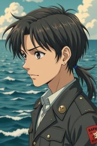 Anime style s Grey Reef Shark from Band of Brothers universe, Center Parting sepia hair, summer, looking away shot