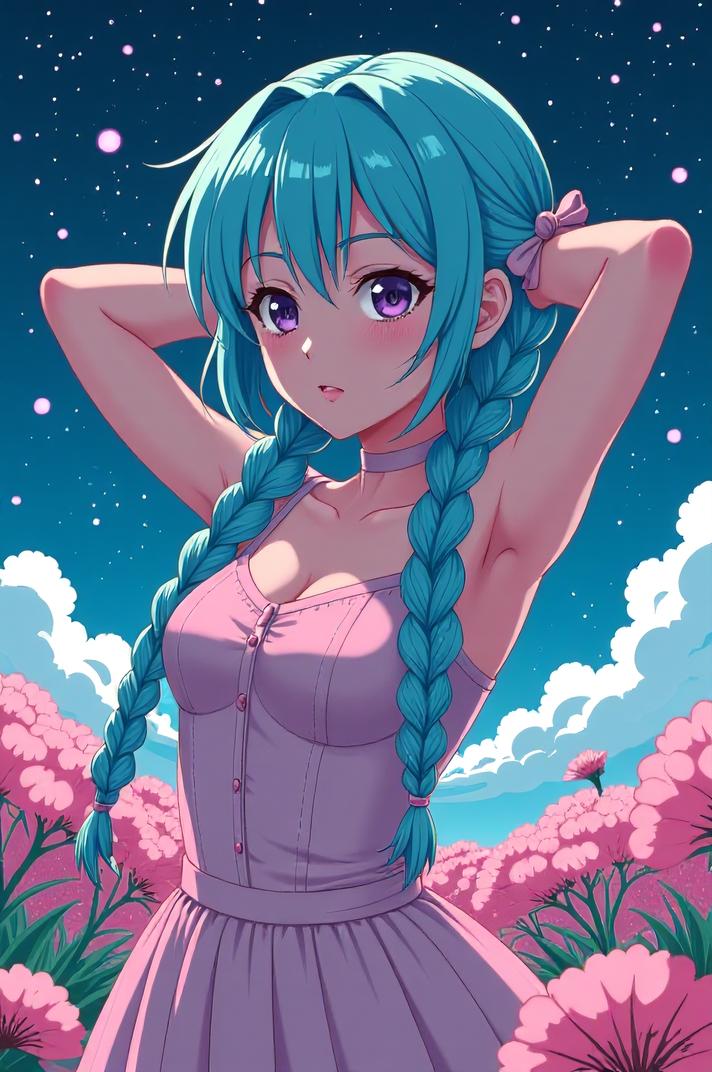 anime style masterpiece,best quality , Longer Braids cyan hair, spring
