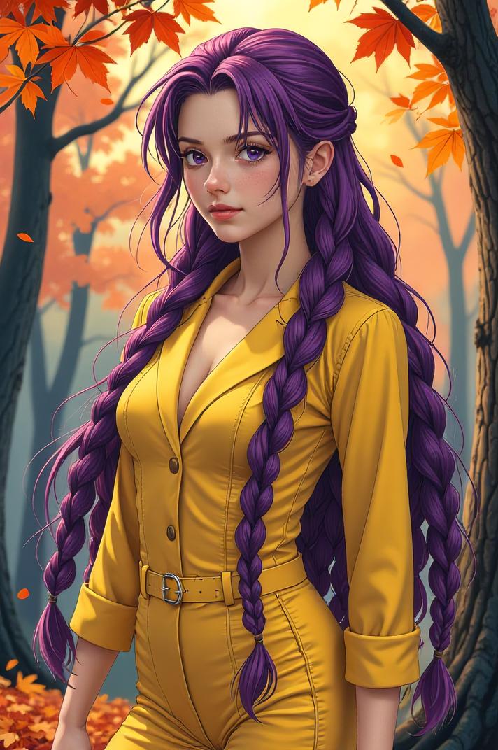 Anime style s Yellow Tang from Terminator universe, Long Braids amethyst hair, autumn, full body shot