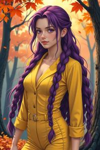 Anime style s Yellow Tang from Terminator universe, Long Braids amethyst hair, autumn, full body shot