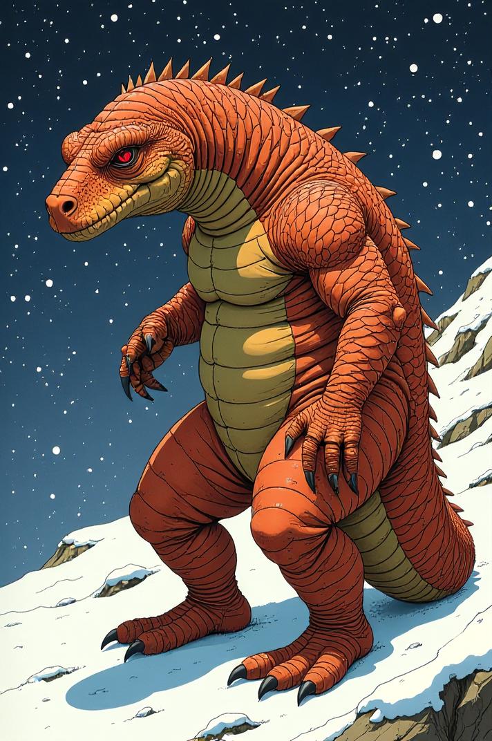 Anime style s Gila Monster from Dune universe, Crew Cut myrtle hair, winter, Front side back three views shot