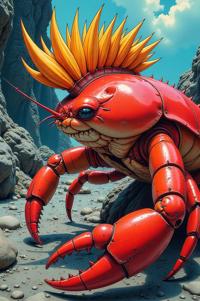 Anime style s Crab from Rocketman universe, Mohawk Spike pear hair, spring, from below shot