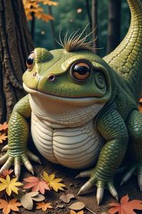 Anime style s Toadfish from Jurassic Park universe, Center Parting denim hair, autumn, aerial view shot