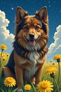 Anime style s German Sheppit from Man in black universe, Center Parting dandelion hair, spring, perspective shot