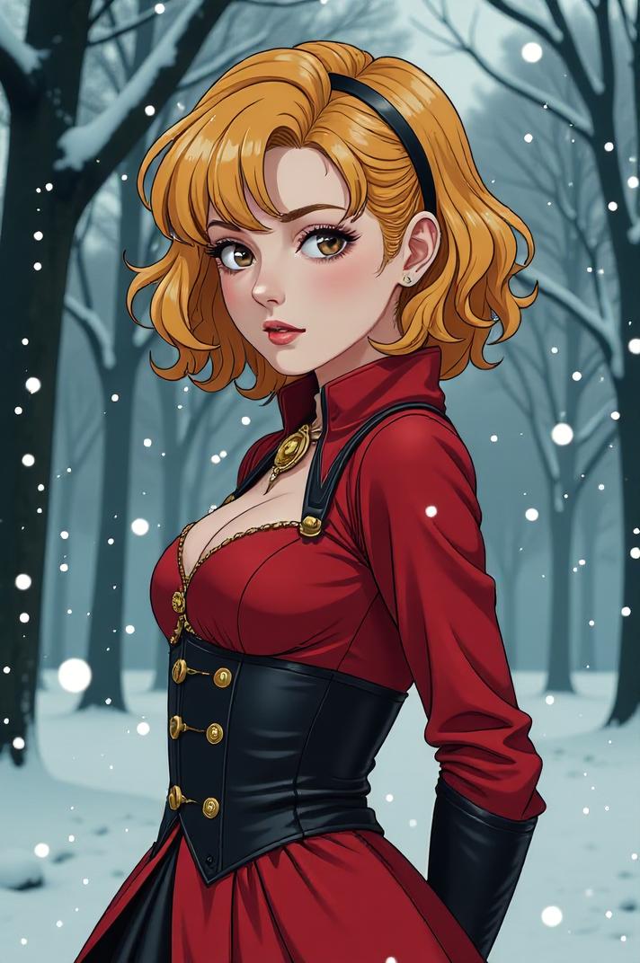 anime style masterpiece,best quality , Bob Curly gold hair, winter