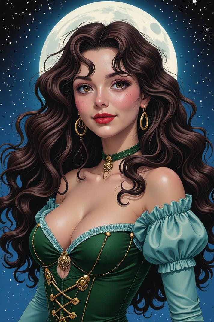 Anime style s Cane Spider from Moulin Rouge universe, Long Curly chocolate hair, spring, from below shot